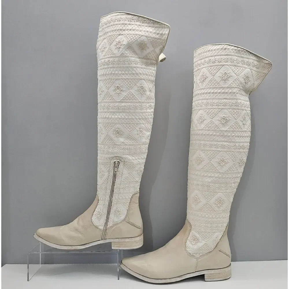 Free People Bren Knee High Boot Womens EU 37 Cream Embroidered Boho Slouchy NEW